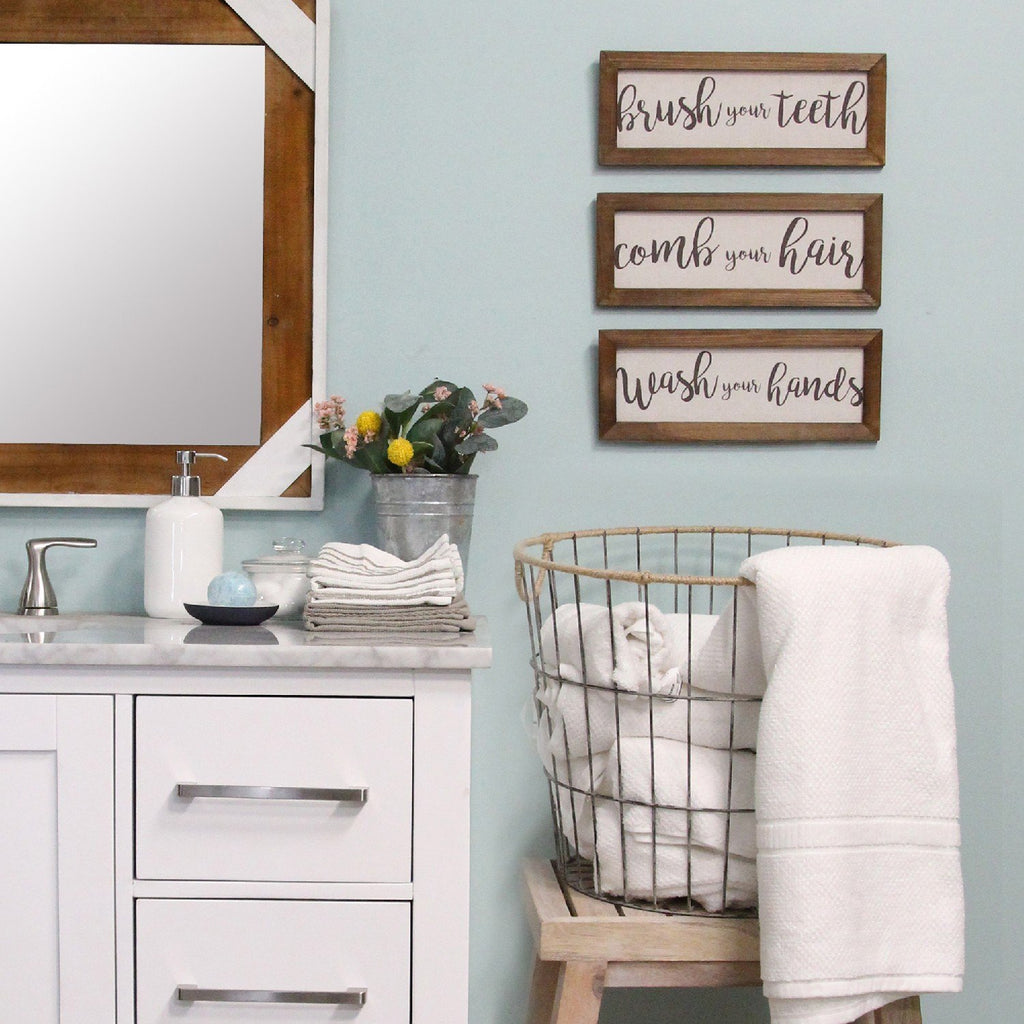 Linen Bathroom Rules Wood Framed Wall Art, Set of 3 - Mahogany Home Essentialswall art