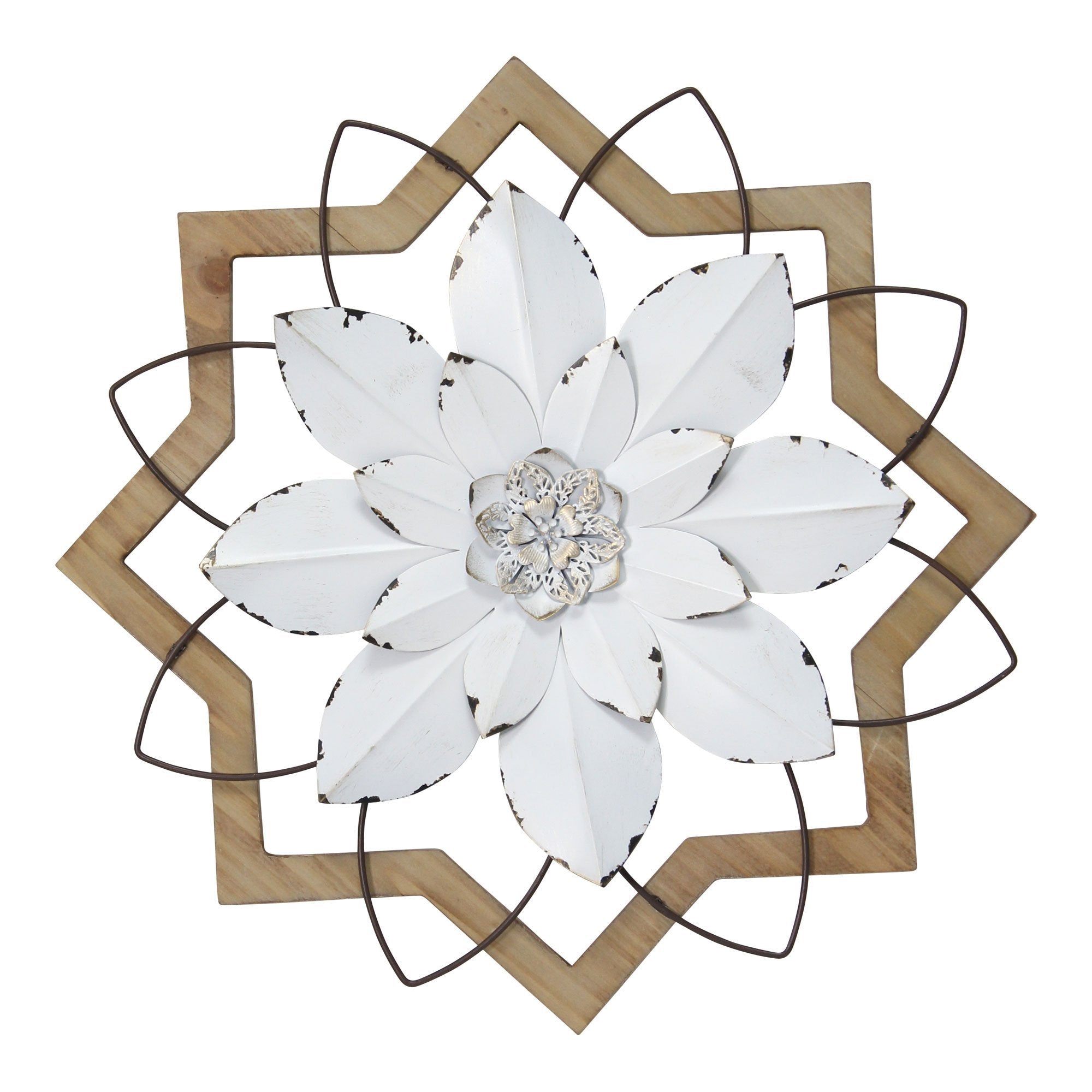 Metal White Flower & Wood Frame Wall Art - Mahogany Home Essentialswall art