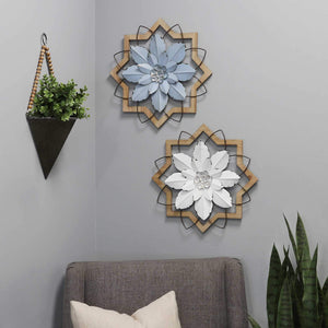 Metal White Flower & Wood Frame Wall Art - Mahogany Home Essentialswall art